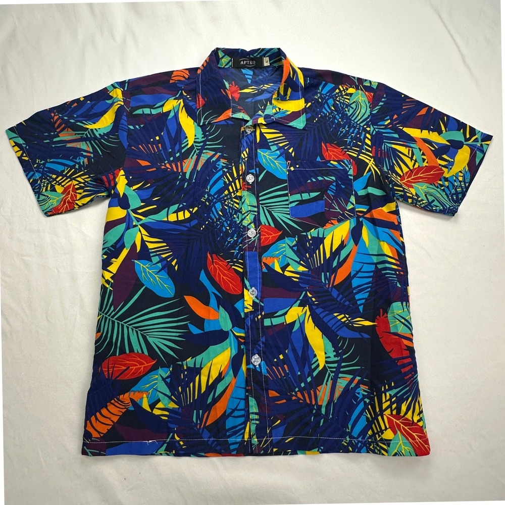 APTRO Hawaiian Aloha Tropical‎ Palm Leaf Multicolor Button Up Shirt Beach Vaca